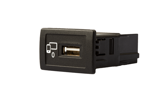 Black USB-A automotive connector module with symbol icons, designed for seamless integration and data connectivity in modern vehicles.
