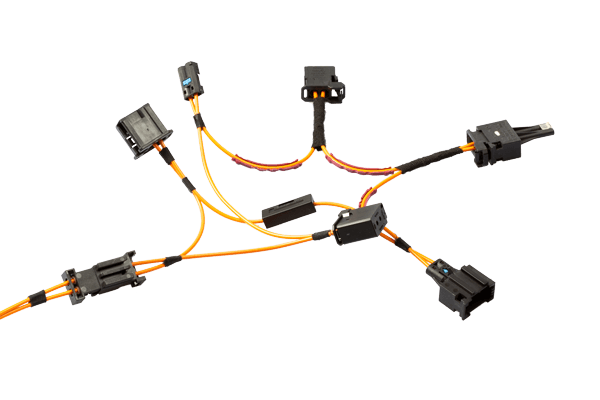 Network of automotive cables and connectors, illustrating MD ELEKTRONIK's advanced capabilities in custom wiring harnesses for vehicle network systems, ensuring high-speed data transmission and connectivity.