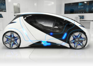 Futuristic concept car with illuminated circuits, showcasing MD ELEKTRONIK's innovative automotive wiring and connectivity solutions.