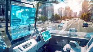 Futuristic vehicle interior with advanced digital displays, showcasing MD ELEKTRONIK's high-speed data transmission solutions for modern automotive networks.